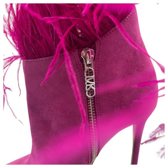 Michael Kors Whitby Feather Trim Suede Heeled Ankle Boots Booties Fuchsia 5.5M - Picture 2 of 11